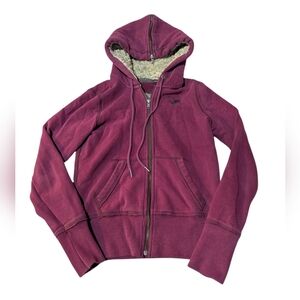 Y2K 90s Hollister Hoodie Faux Fur Zippered Hood Maroon Grunge Small